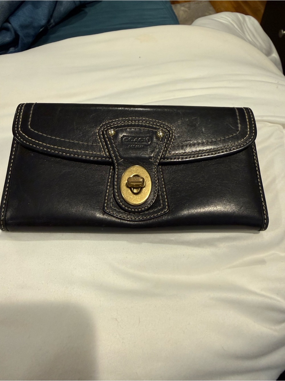 Coach Black Leather Continental Wallet with Gold Turnlock